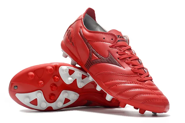 Mizuno লাল সাদা চামড়ার মতো উপরের সেলাই প্যানেল নির্মাণ ফার্ম-গ্রাউন্ড ফুটবল জুতা 4