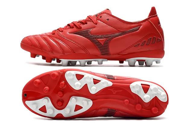 Mizuno লাল সাদা চামড়ার মতো উপরের সেলাই প্যানেল নির্মাণ ফার্ম-গ্রাউন্ড ফুটবল জুতা 6