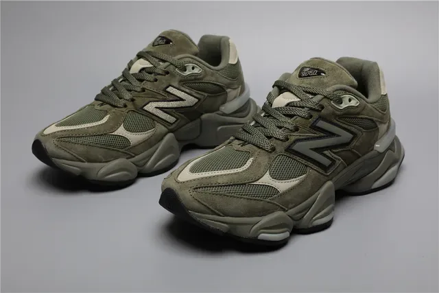 New Balance أخضر عسكري بيج ثخين متعدد الطبقات قاعدة وسطية جزء علوي مختلط من جلد مخمل وشبك أحذية رياضية أسلوب حياة 5