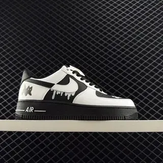Nike Air Force 1 Low White Black Drip-Paint Star-Cat حذاء لايف ستايل