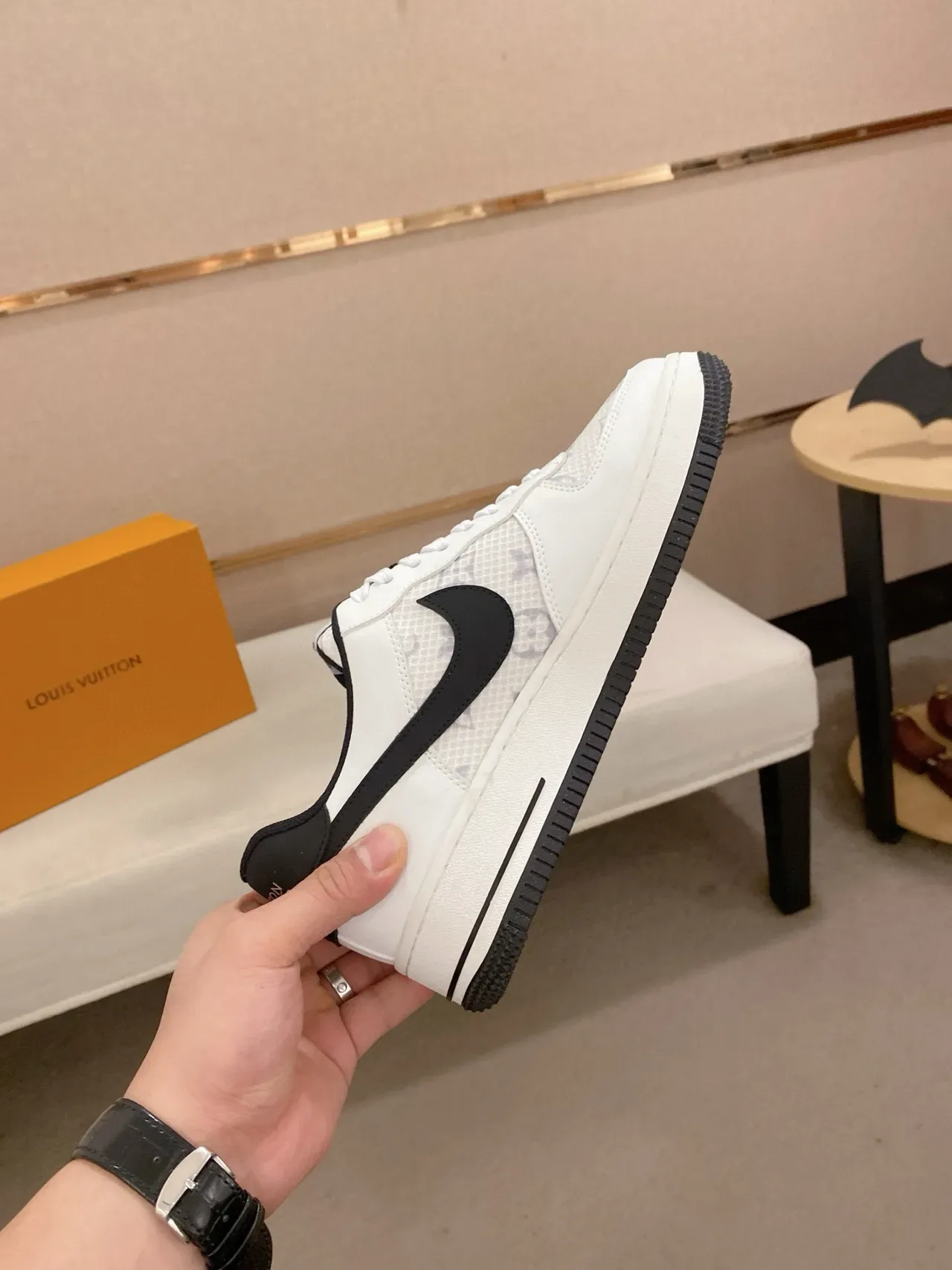 Nike Air Force 1 White Black Monogram Mesh Lifestyle Sneakers 4