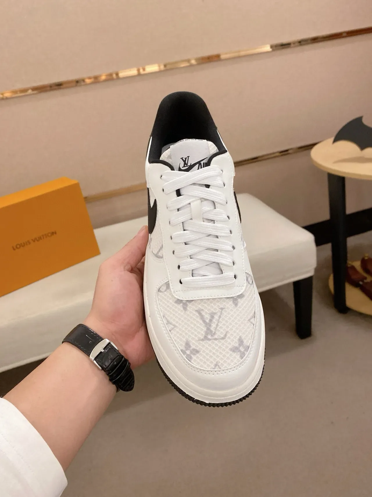 Nike Air Force 1 White Black Monogram Mesh Lifestyle Sneakers 6