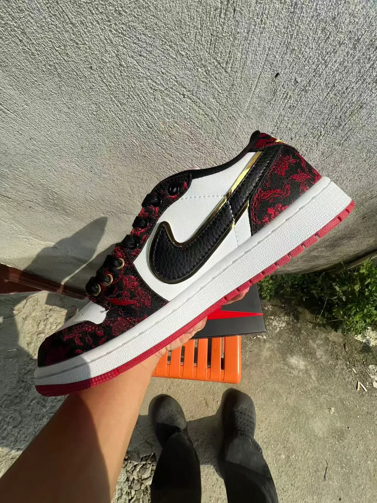 Nike Air Jordan 1 Low Floral Jacquard Red Black White Lifestyle Sneakers 5