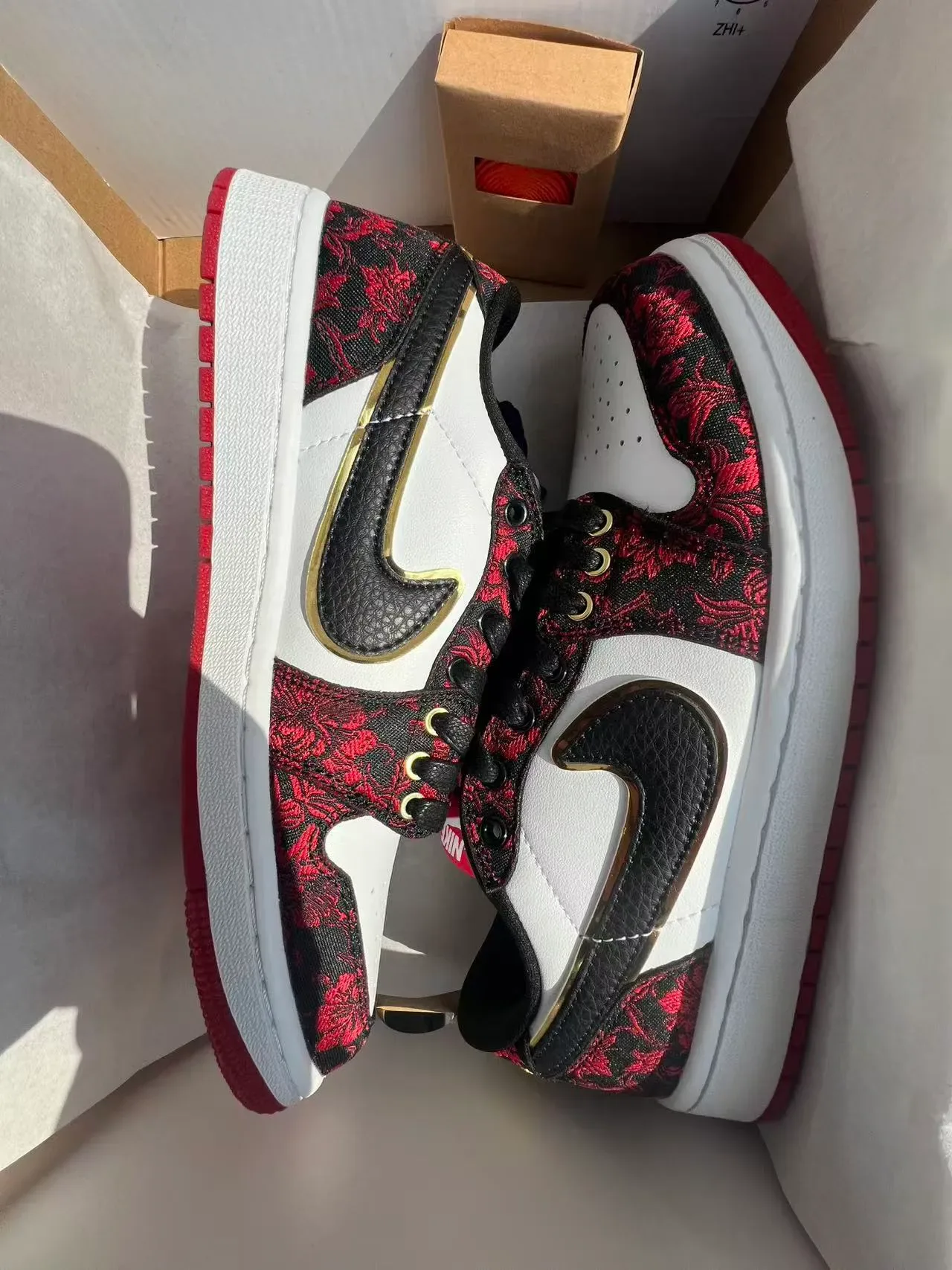 Nike Air Jordan 1 Low Floral Jacquard Red Black White Lifestyle Sneakers 9