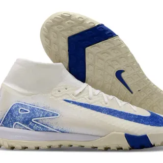 Nike Beige Blue Sock-Fit Collar Flyknit Upper Turf Soccer Shoes