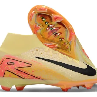 Nike Beige Orange Chaussures de Football Tige Haute Ajustement Chaussette Upper Translucide Plaque de Semelle TPU Sol Ferme
