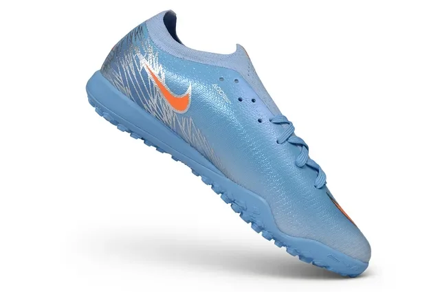 Nike أحذية كرة القدم للعشب الاصطناعي أزرق وبرتقالي أعلى منسوج رسومات فضية انعكاسية 2