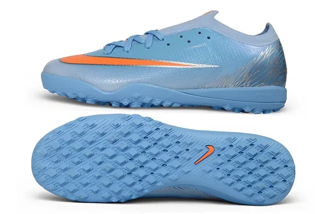Nike أحذية كرة القدم للعشب الاصطناعي أزرق وبرتقالي أعلى منسوج رسومات فضية انعكاسية 6