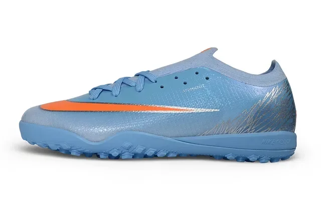Nike أحذية كرة القدم للعشب الاصطناعي أزرق وبرتقالي أعلى منسوج رسومات فضية انعكاسية 7