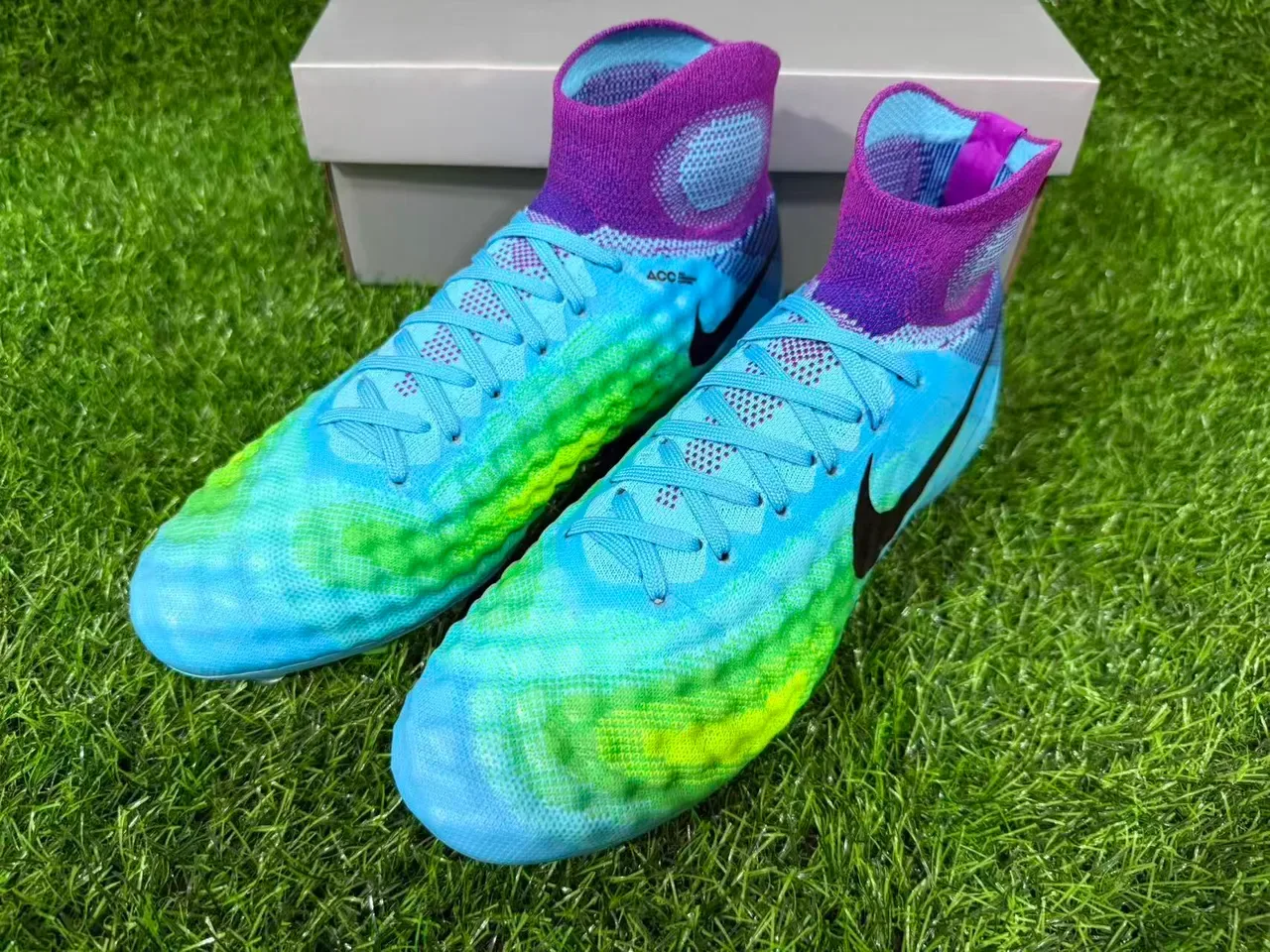 Nike Blue Purple Sock-Fit Knit Upper Translucent TPU Cage Firm-Ground Soccer Shoes 4