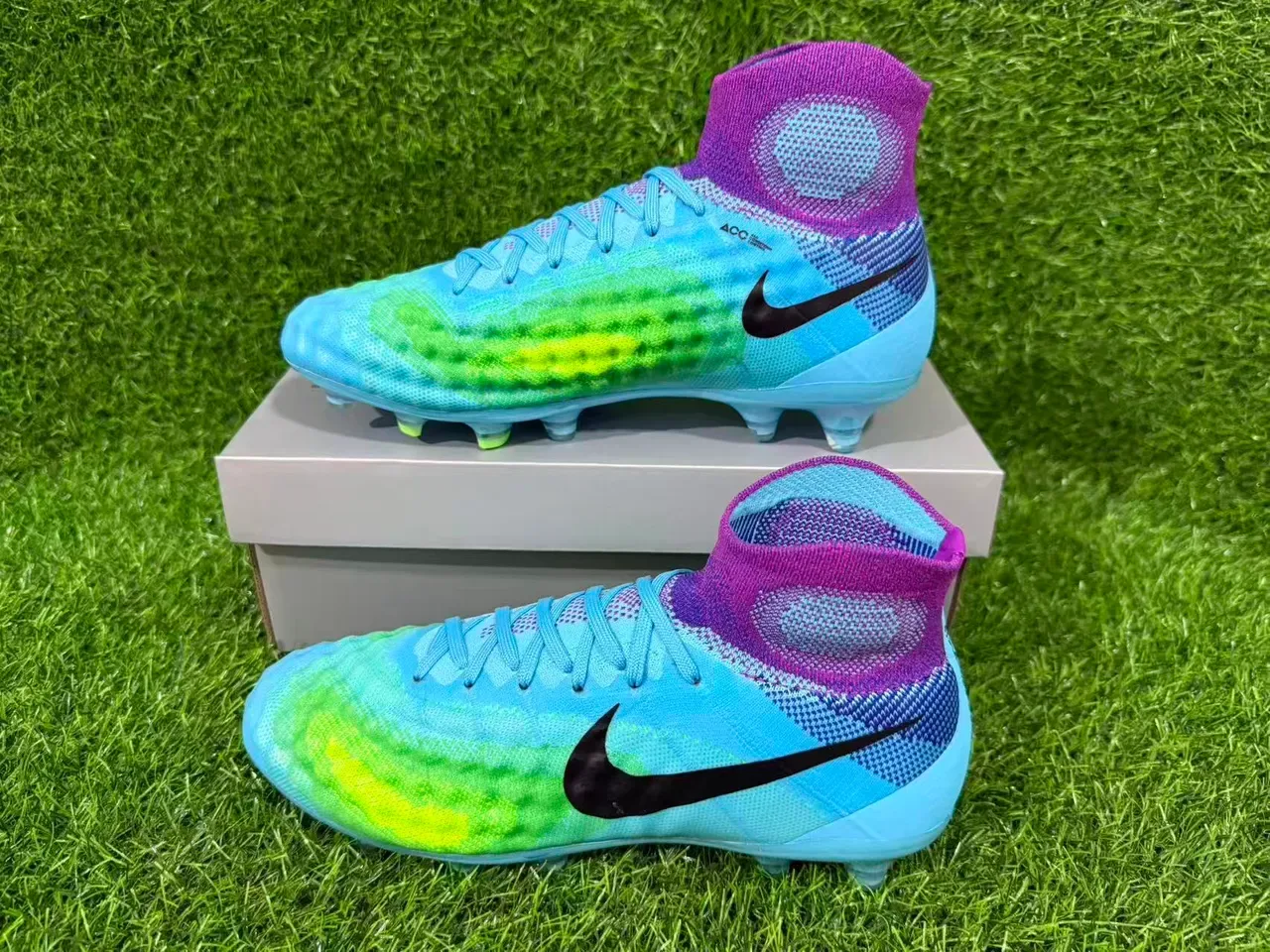 Nike Blue Purple Sock-Fit Knit Upper Translucent TPU Cage Firm-Ground Soccer Shoes 8