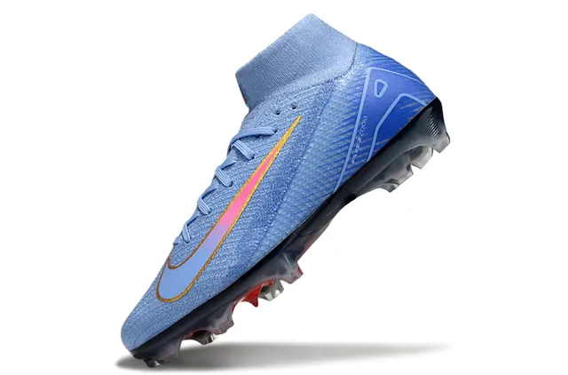 Nike नीला लाल हाई-कट Flyknit अपर इरिडेसेंट Swoosh फर्म-ग्राउंड फुटबॉल जूते 3