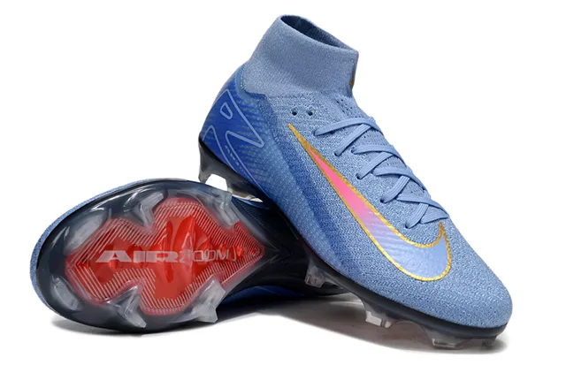 Nike नीला लाल हाई-कट Flyknit अपर इरिडेसेंट Swoosh फर्म-ग्राउंड फुटबॉल जूते 4
