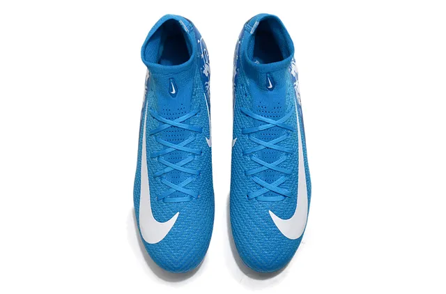 Nike Bleu Blanc Haut Col Ajustement Chaussette Flyknit Upper Soles Firme Chaussures de Football 2