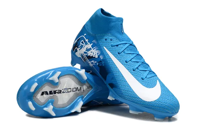 Nike Bleu Blanc Haut Col Ajustement Chaussette Flyknit Upper Soles Firme Chaussures de Football 3