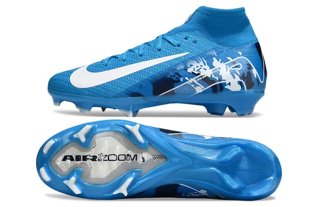 Nike Bleu Blanc Haut Col Ajustement Chaussette Flyknit Upper Soles Firme Chaussures de Football 5