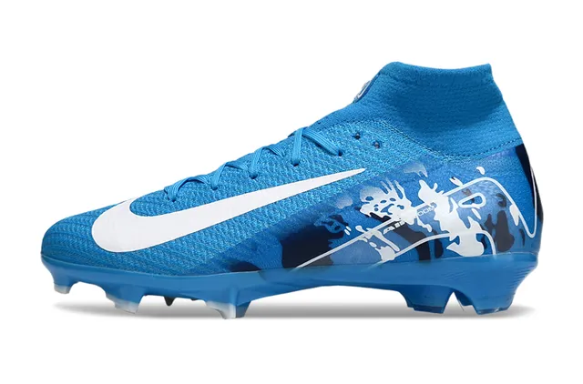 Nike Bleu Blanc Haut Col Ajustement Chaussette Flyknit Upper Soles Firme Chaussures de Football 8