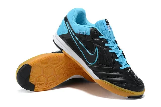 Nike Gato Preto Azul Low-Top Couro Sintético Superior Tênis Indoor de Futebol 3