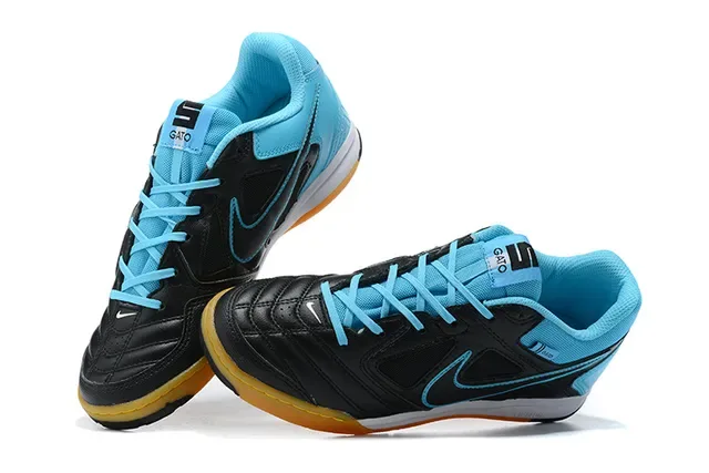 Nike Gato Preto Azul Low-Top Couro Sintético Superior Tênis Indoor de Futebol 4