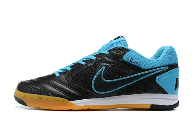 Nike Gato Preto Azul Low-Top Couro Sintético Superior Tênis Indoor de Futebol 7