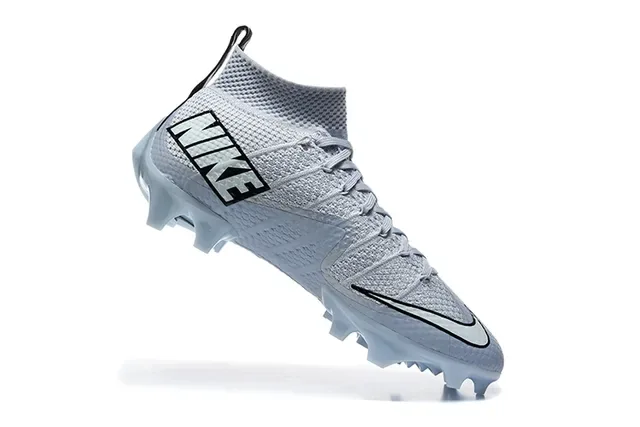Nike Cinza Azul Flyknit Upper High-Top Sock Collar Firm-Ground Sapatos de Futebol 3