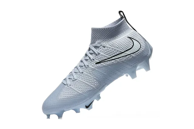 Nike Cinza Azul Flyknit Upper High-Top Sock Collar Firm-Ground Sapatos de Futebol 4