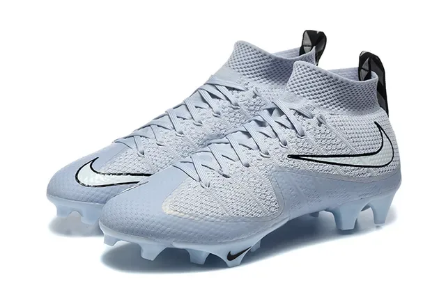 Nike Cinza Azul Flyknit Upper High-Top Sock Collar Firm-Ground Sapatos de Futebol 8