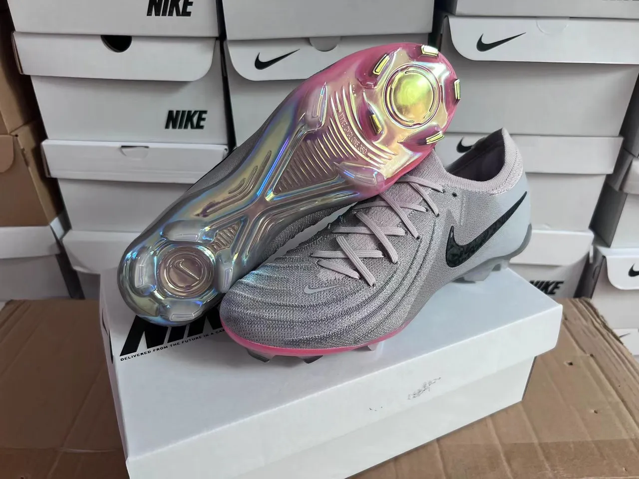 Nike Gray Multicolor Knit Upper Iridescent Sole Firm-Ground Soccer Shoes 2