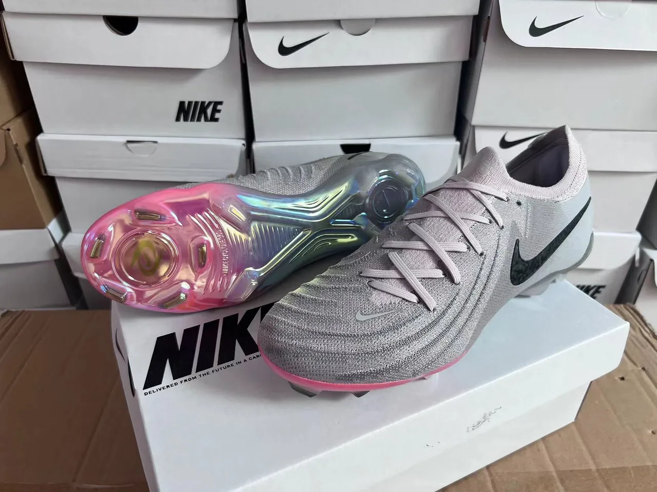 Nike Gray Multicolor Knit Upper Iridescent Sole Firm-Ground Soccer Shoes 3