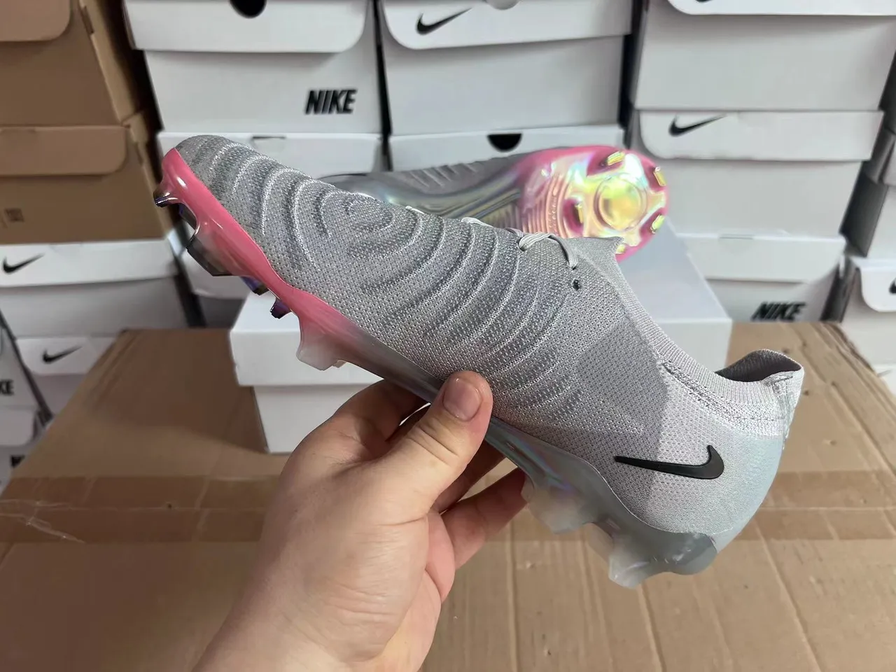 Nike Gray Multicolor Knit Upper Iridescent Sole Firm-Ground Soccer Shoes 6