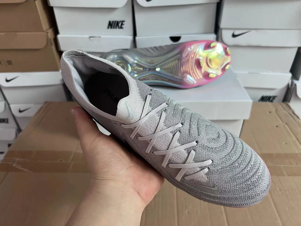 Nike Gray Multicolor Knit Upper Iridescent Sole Firm-Ground Soccer Shoes 7