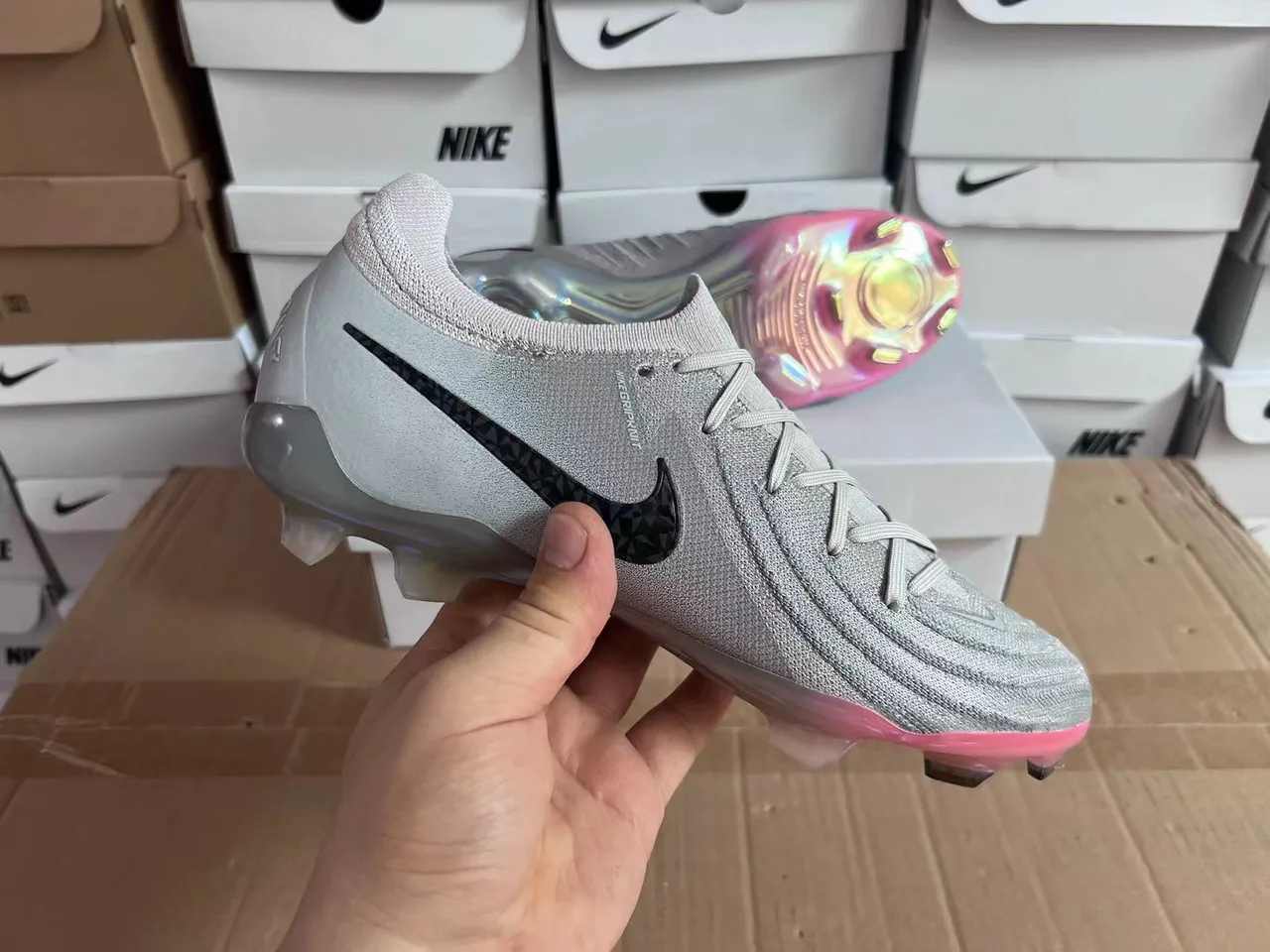 Nike Gray Multicolor Knit Upper Iridescent Sole Firm-Ground Soccer Shoes 8