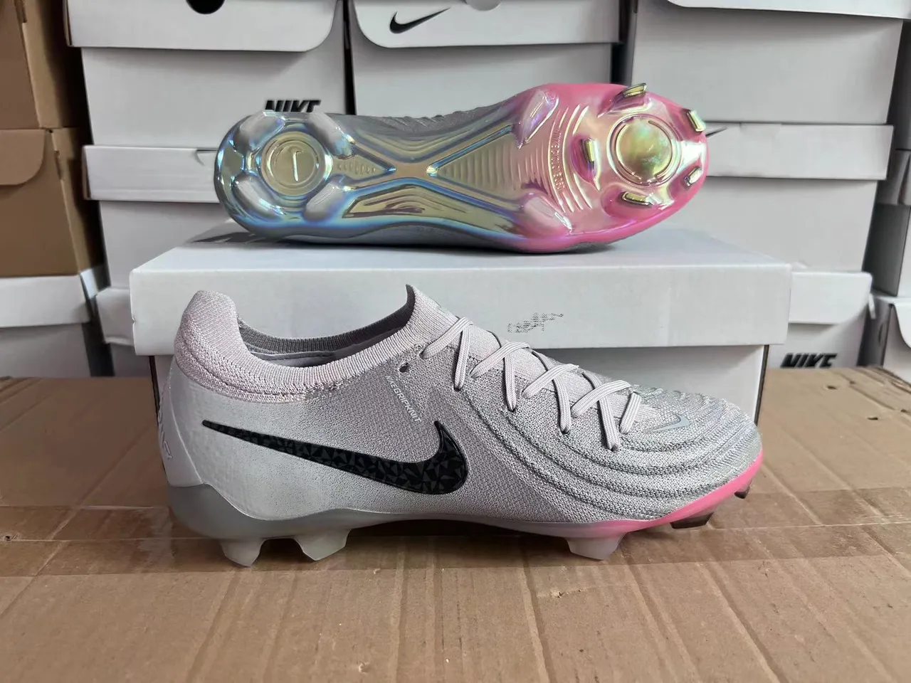Nike Gray Multicolor Knit Upper Iridescent Sole Firm-Ground Soccer Shoes 9