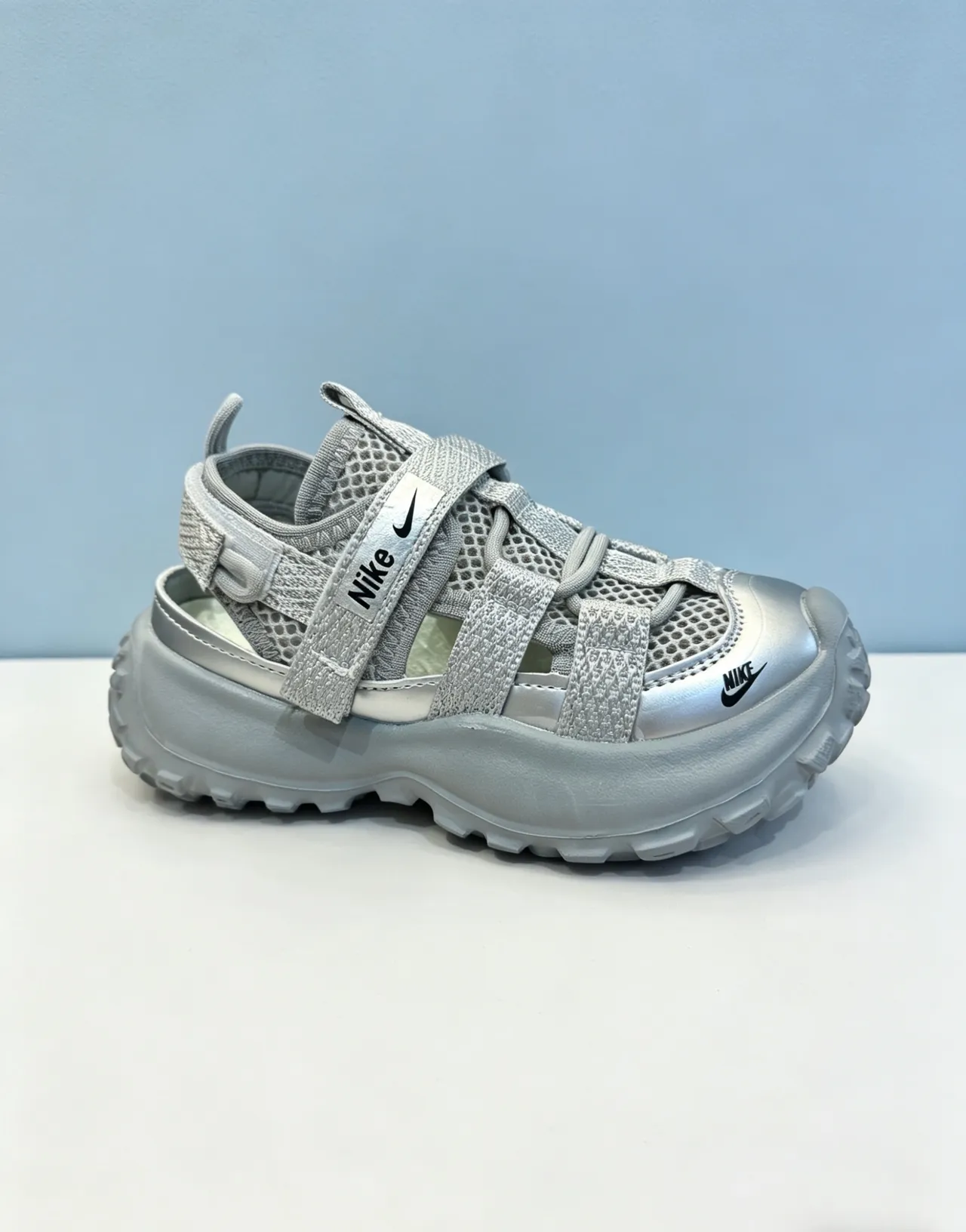 Nike Gray Pink Chunky Platform Sole Multi-Strap Velcro Closure Casual Sandals 19