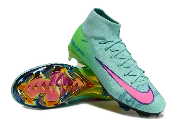 Nike Green Pink Sock-Fit Knit Upper Iridescent Holographic Heel Firm-Ground Soccer Shoes 4