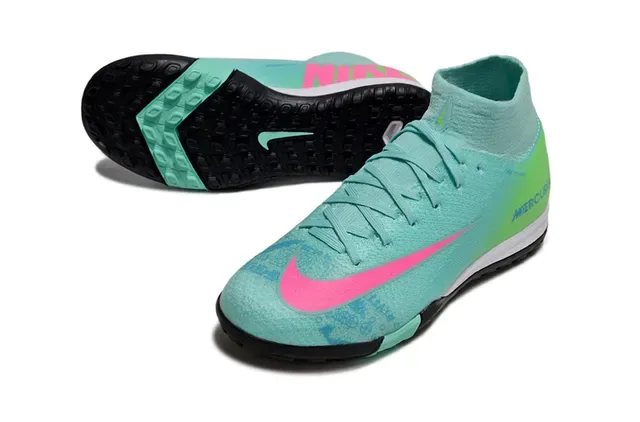 Nike Mercurial Verde Rosa Gradiente Upper Knit High-Top Sock Collar Tênis de Futebol Turf 3