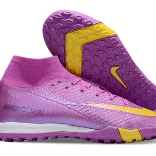 Nike Mercurial Purple Yellow High-Top Flyknit Construction Chuteiras de futebol turf com upper iridescent gradient