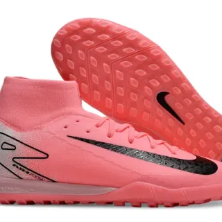 Nike Mercurial Superfly Pink Silver High-Top Knit Collar Textured Black Swoosh Overlay Turf Soccer Shoes