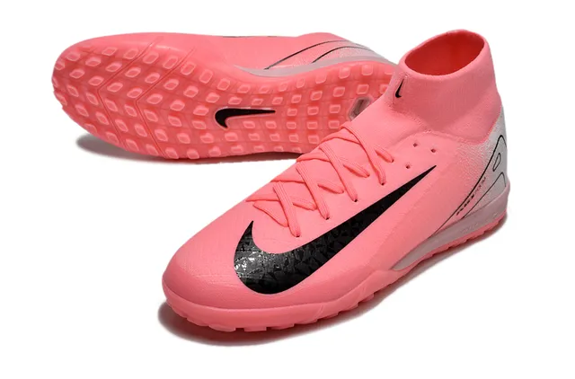 Nike Mercurial Superfly Rosa Plata High-Top Cuello de Punto Texturizado Negro Swoosh Overlay Turf Zapatos de Fútbol 4