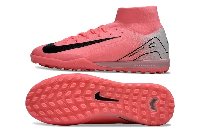 Nike Mercurial Superfly Rosa Plata High-Top Cuello de Punto Texturizado Negro Swoosh Overlay Turf Zapatos de Fútbol 6