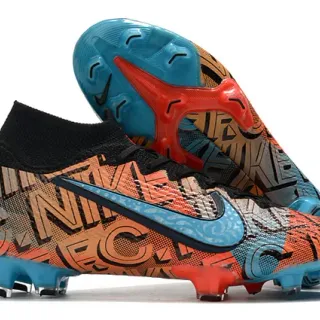 Nike برتقالي أزرق ارتفاع القدمة الأعلى فتحة الجورب ربط غير متماثل أرض صلبة أحذية كرة القدم