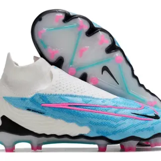 Nike Phantom GT White Blue Sock-Fit Knit Collar Asymmetric Lacingless Upper Firm-Ground Soccer Shoes