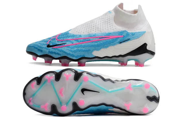 Nike Phantom GT श्वेत नीला सॉक-फिट निट कॉलर असिमेट्रिक लेसिंगलेस अपर फर्म-ग्राउंड सोकर शूज 2