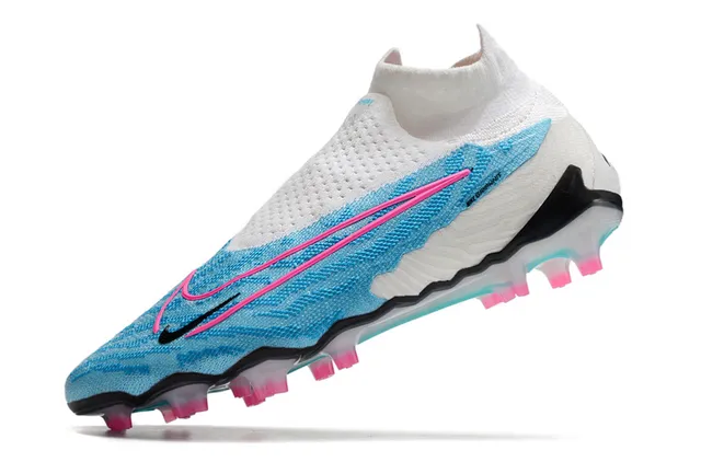 Nike Phantom GT श्वेत नीला सॉक-फिट निट कॉलर असिमेट्रिक लेसिंगलेस अपर फर्म-ग्राउंड सोकर शूज 4
