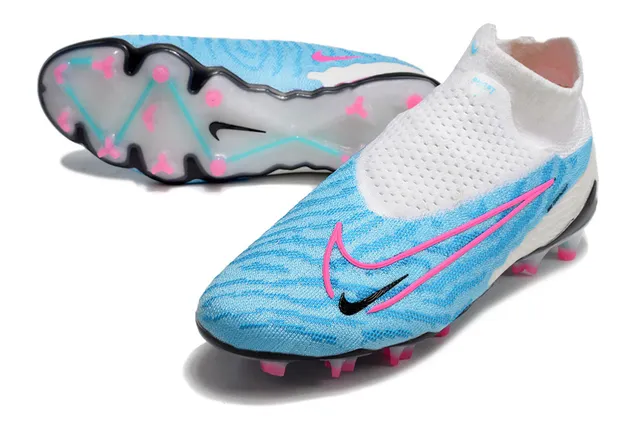 Nike Phantom GT श्वेत नीला सॉक-फिट निट कॉलर असिमेट्रिक लेसिंगलेस अपर फर्म-ग्राउंड सोकर शूज 6