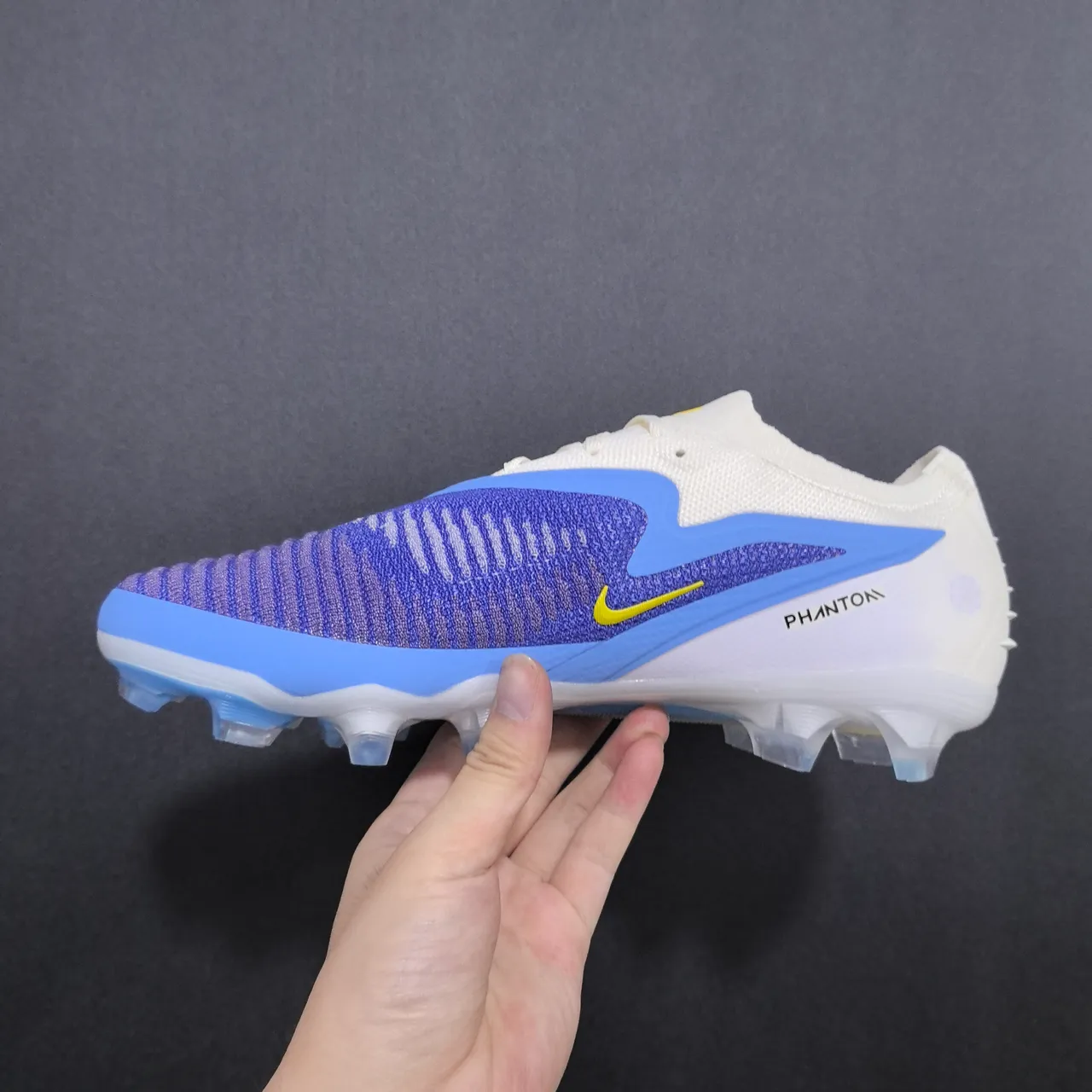 Nike Phantom GT Branco Roxo Parte superior de knit Assimétrico Cordões Solo Firme Sapatos de Futebol 5