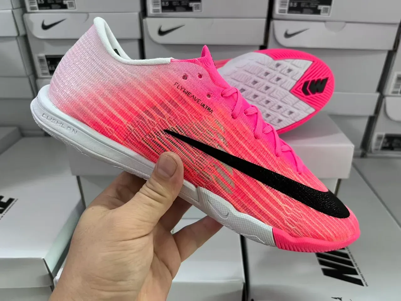 Nike Pink Black Flyweave Knit Upper Swoosh Overlay Indoor Soccer Shoes 6