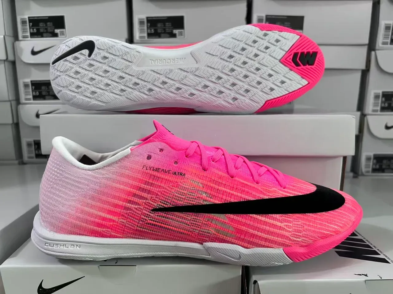 Nike Pink Black Flyweave Knit Upper Swoosh Overlay Indoor Soccer Shoes 7