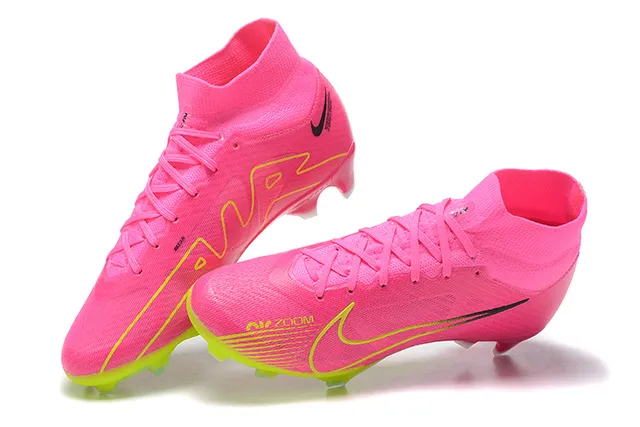 Nike Pink Yellow High-Cut Knit Bootie Asymmetrical Lacing Firm-Ground Soccer Shoes 2