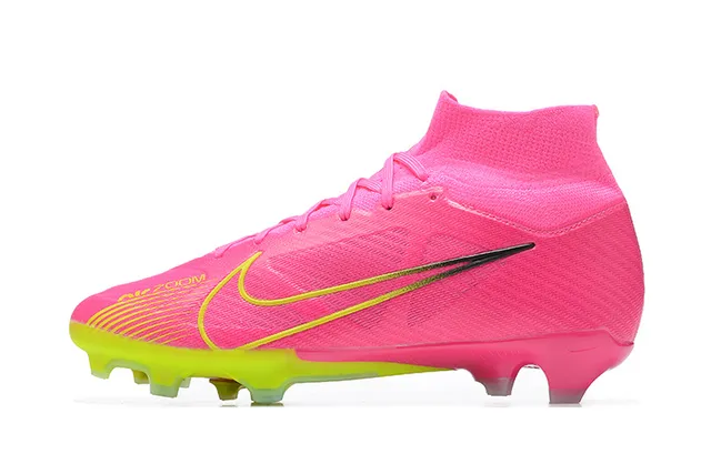 Nike Pink Yellow High-Cut Knit Bootie Asymmetrical Lacing Firm-Ground Soccer Shoes 10